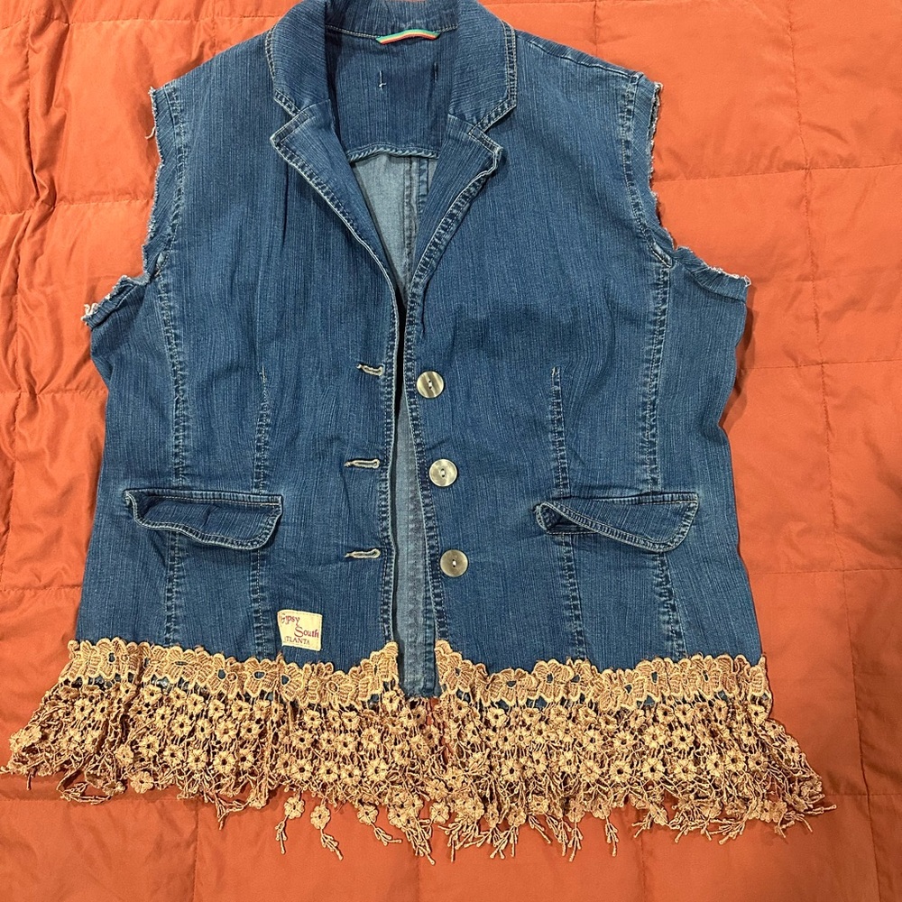 💜 2/$40! Gypsy Soul Atlanta Blue Denim Vest with Gold Lace Trim